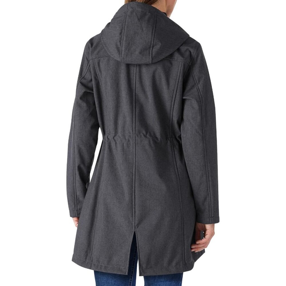 Women's Dark-grey Melange Lightweight Waterproof Hooded Rain Jacket,long Coat - Picture 2 of 8